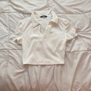 Shein White Ribbed Cropped Top With Collar Womens Small